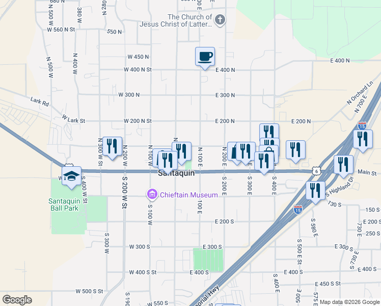 map of restaurants, bars, coffee shops, grocery stores, and more near 80 North Center Street in Santaquin