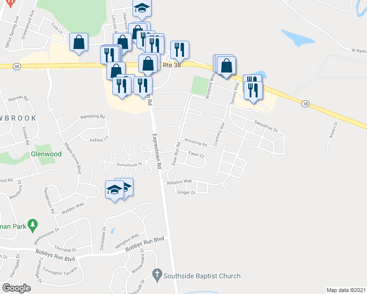 map of restaurants, bars, coffee shops, grocery stores, and more near 93 Fawn Court in Lumberton