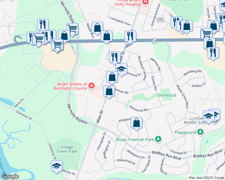 map of restaurants, bars, coffee shops, grocery stores, and more near 704 Main St in Mt Holly