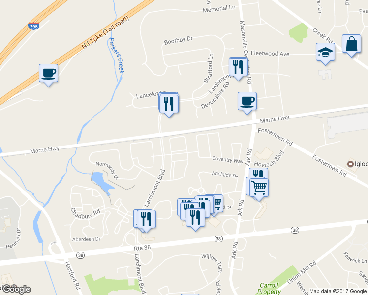 map of restaurants, bars, coffee shops, grocery stores, and more near 5103 Halifax Way in Mount Laurel Township