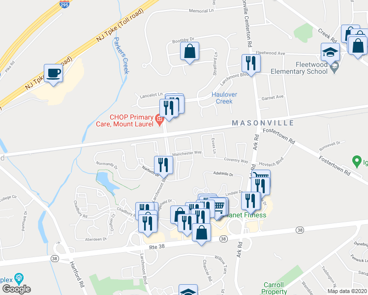map of restaurants, bars, coffee shops, grocery stores, and more near 5103 Halifax Way in Mount Laurel Township