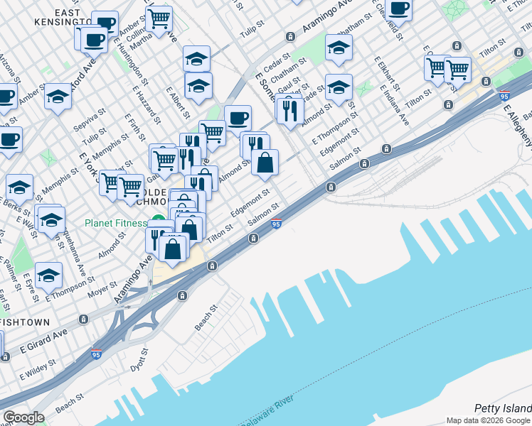 map of restaurants, bars, coffee shops, grocery stores, and more near 2624 Salmon Street in Philadelphia
