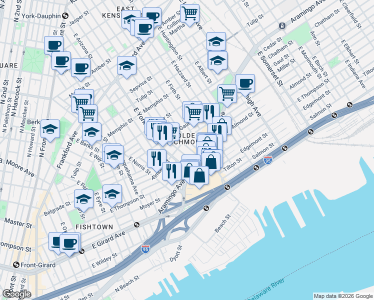 map of restaurants, bars, coffee shops, grocery stores, and more near 2600-40 East Hagert Street in Philadelphia