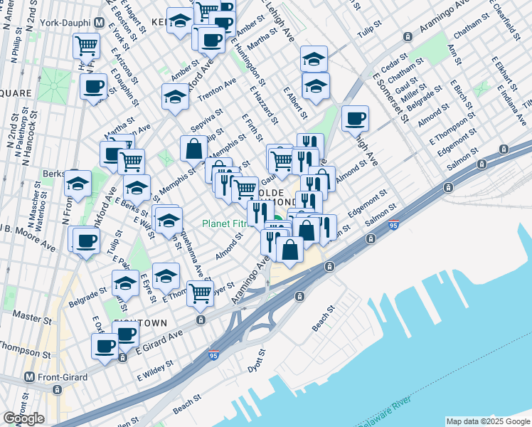 map of restaurants, bars, coffee shops, grocery stores, and more near 2600-40 East Hagert Street in Philadelphia
