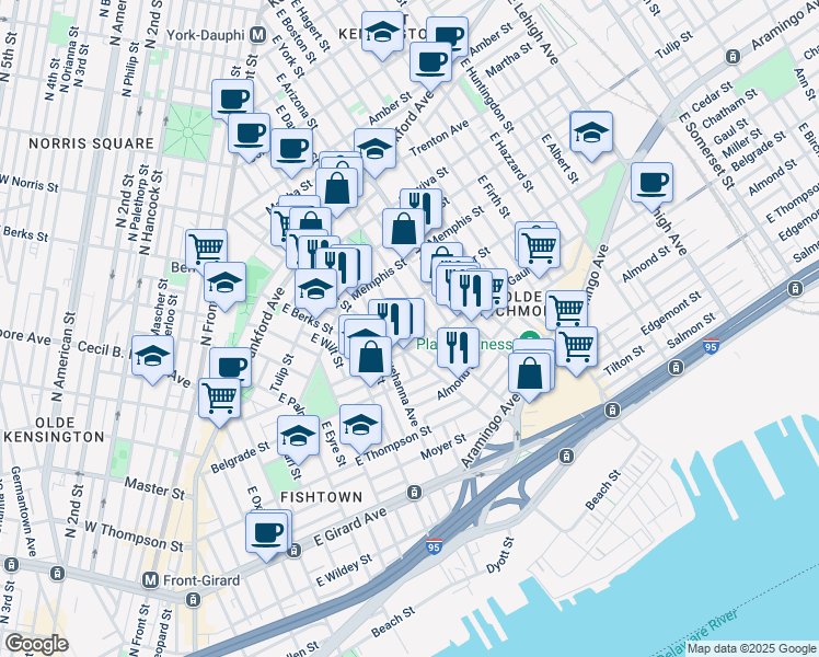 map of restaurants, bars, coffee shops, grocery stores, and more near 2437 East Dauphin Street in Philadelphia