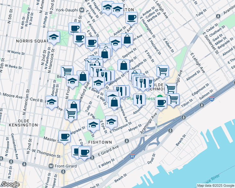 map of restaurants, bars, coffee shops, grocery stores, and more near 1530 East Susquehanna Avenue in Philadelphia