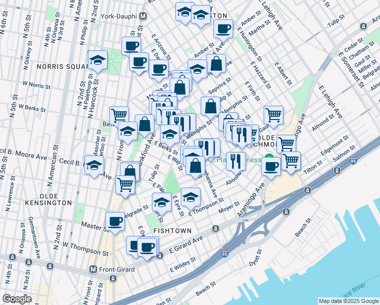map of restaurants, bars, coffee shops, grocery stores, and more near 1530 East Susquehanna Avenue in Philadelphia