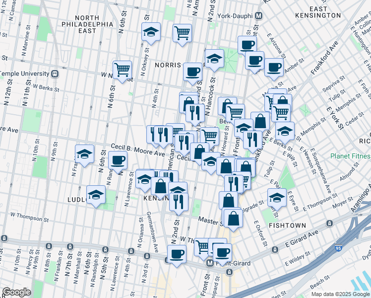 map of restaurants, bars, coffee shops, grocery stores, and more near 1701 North 2nd Street in Philadelphia