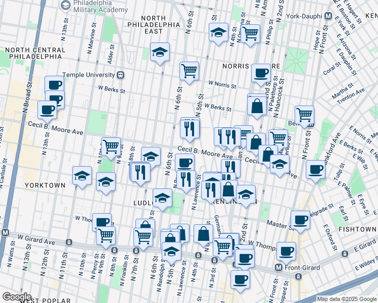 map of restaurants, bars, coffee shops, grocery stores, and more near 1620-50 North 5th Street in Philadelphia
