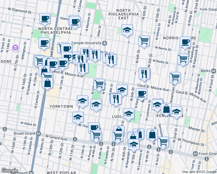 map of restaurants, bars, coffee shops, grocery stores, and more near 1617 North 8th Street in Philadelphia