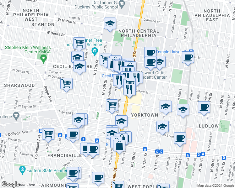 map of restaurants, bars, coffee shops, grocery stores, and more near 1514 North Broad Street in Philadelphia