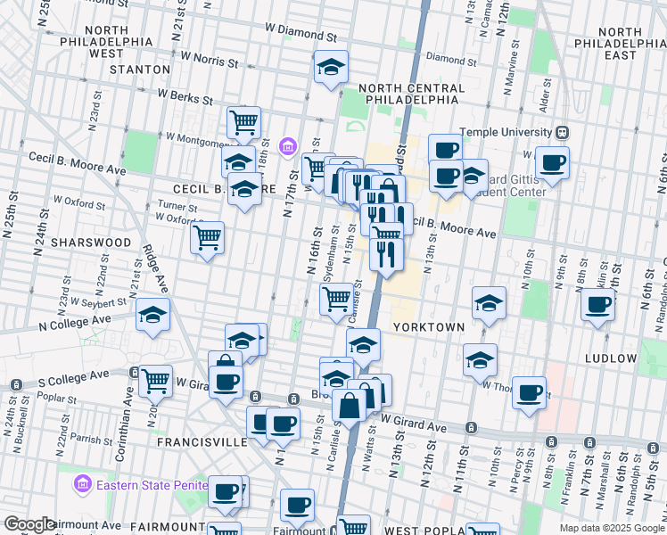 map of restaurants, bars, coffee shops, grocery stores, and more near 1516 North Sydenham Street in Philadelphia