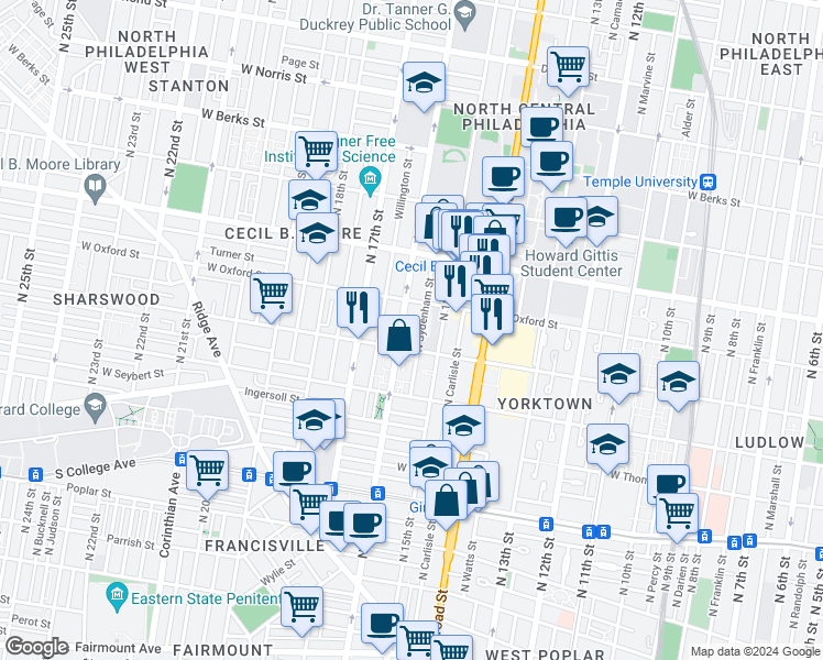 map of restaurants, bars, coffee shops, grocery stores, and more near 1516 North Sydenham Street in Philadelphia