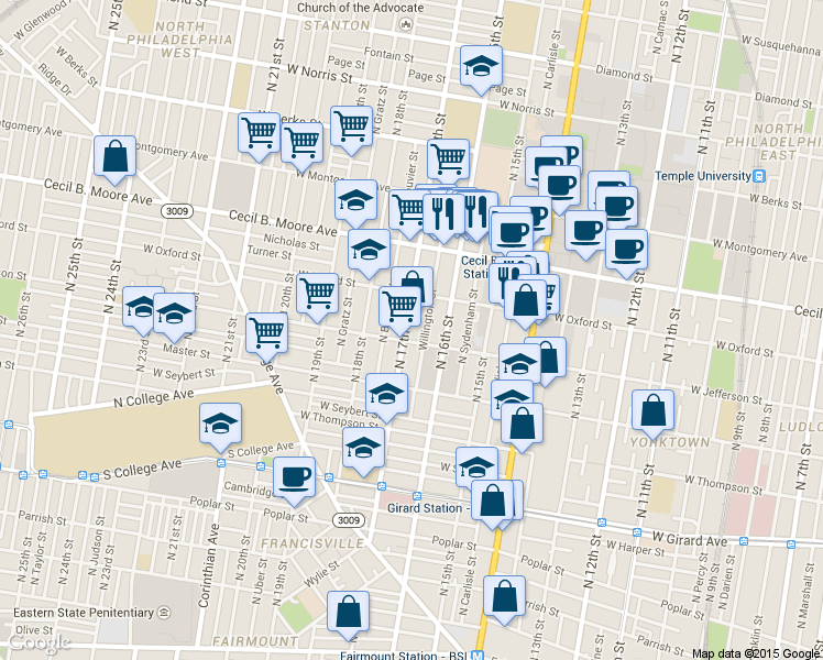 map of restaurants, bars, coffee shops, grocery stores, and more near 1684 West Jefferson Street in Philadelphia