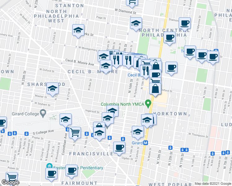 map of restaurants, bars, coffee shops, grocery stores, and more near 1684 West Jefferson Street in Philadelphia