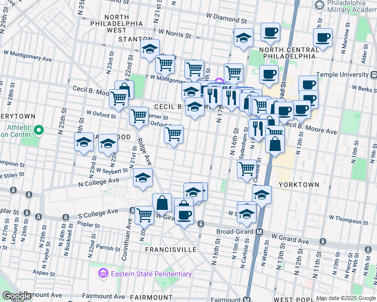 map of restaurants, bars, coffee shops, grocery stores, and more near 1422 North 18th Street in Philadelphia