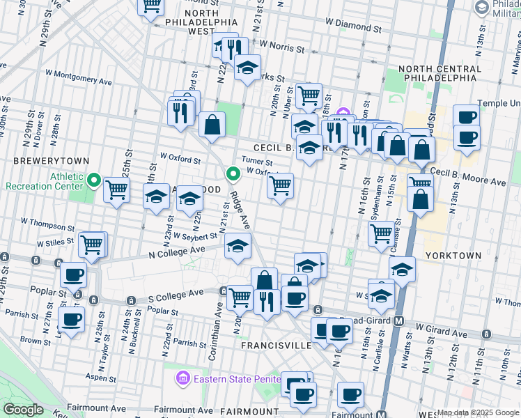 map of restaurants, bars, coffee shops, grocery stores, and more near 1945 Harlan Street in Philadelphia