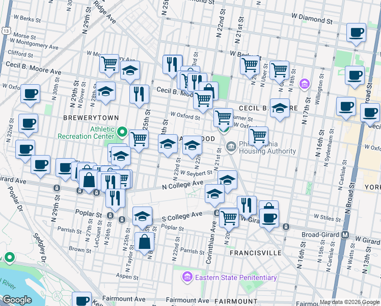 map of restaurants, bars, coffee shops, grocery stores, and more near 2213 Master Street in Philadelphia