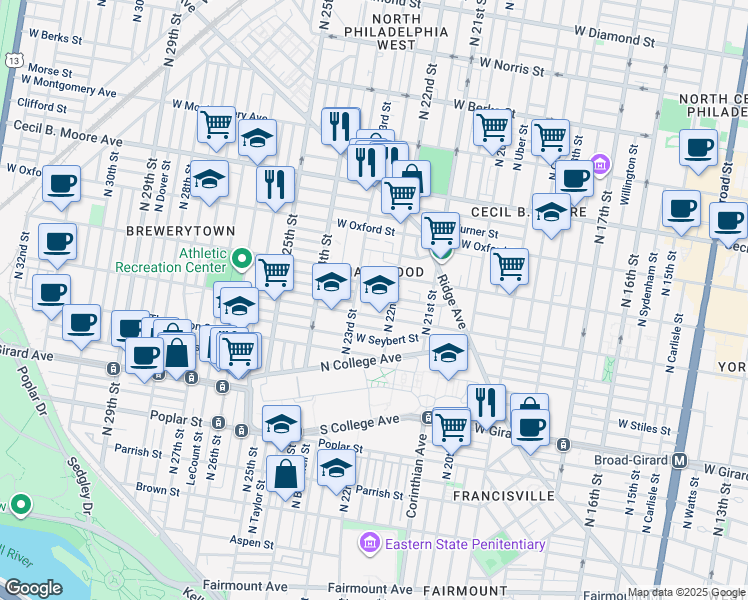 map of restaurants, bars, coffee shops, grocery stores, and more near 2213 Master Street in Philadelphia