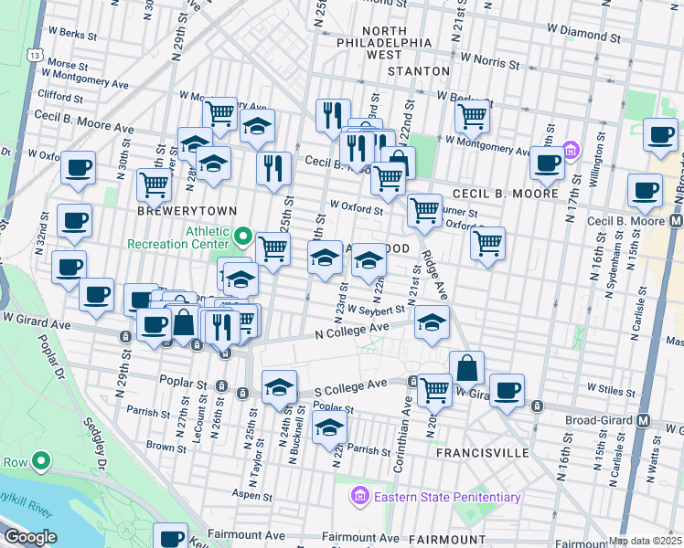 map of restaurants, bars, coffee shops, grocery stores, and more near 2307 Master Street in Philadelphia