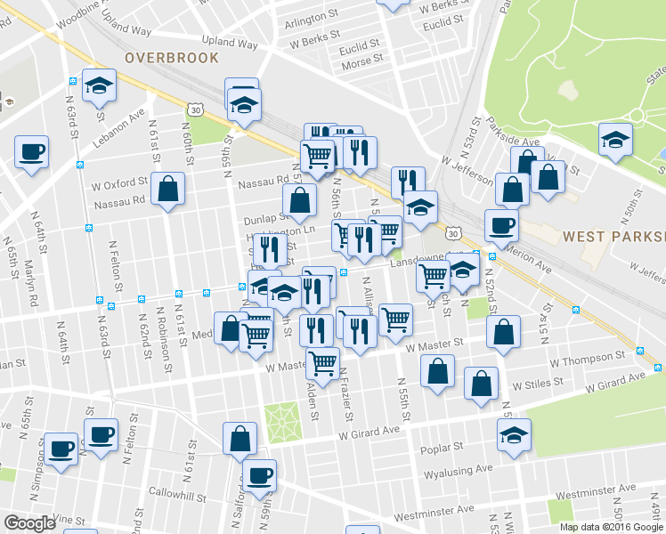 map of restaurants, bars, coffee shops, grocery stores, and more near in Philadelphia
