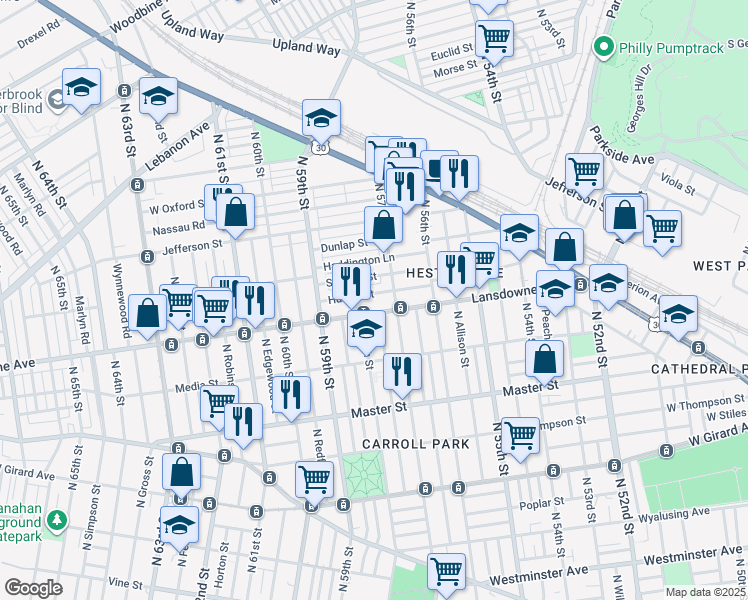 map of restaurants, bars, coffee shops, grocery stores, and more near 5801 Lansdowne Avenue in Philadelphia