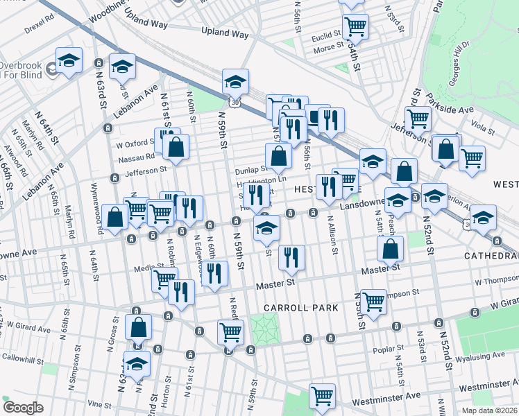map of restaurants, bars, coffee shops, grocery stores, and more near 5801 Lansdowne Avenue in Philadelphia