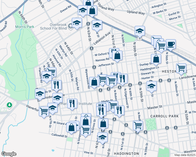 map of restaurants, bars, coffee shops, grocery stores, and more near 818 North 63rd Street in Philadelphia