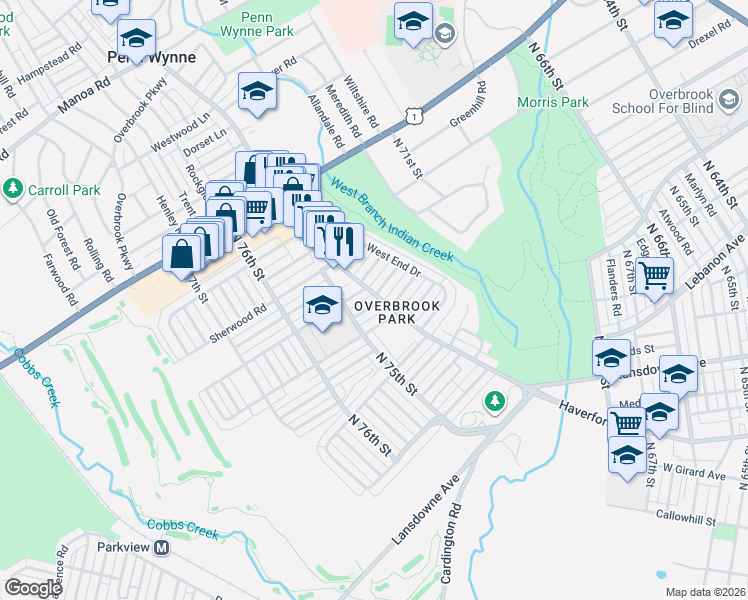 map of restaurants, bars, coffee shops, grocery stores, and more near 7419 Drexel Road in Philadelphia