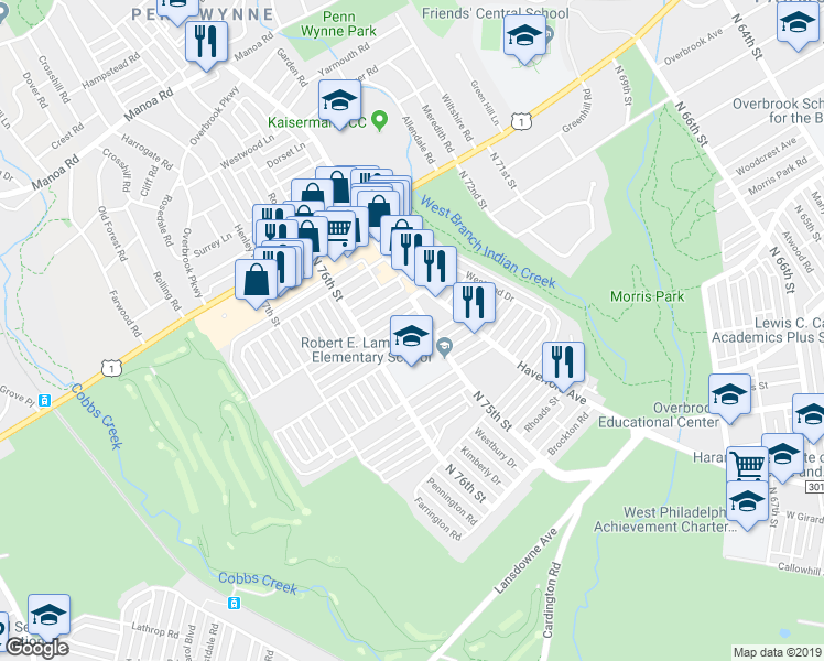 map of restaurants, bars, coffee shops, grocery stores, and more near 7511 Brookhaven Road in Philadelphia