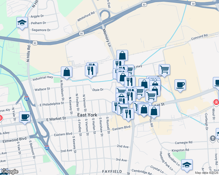 map of restaurants, bars, coffee shops, grocery stores, and more near 2243 Dixie Drive in East York