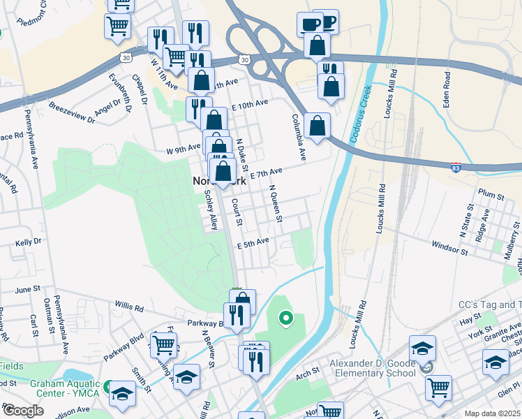 map of restaurants, bars, coffee shops, grocery stores, and more near 952 North Duke Street in York
