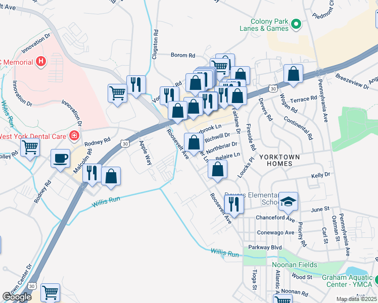 map of restaurants, bars, coffee shops, grocery stores, and more near 1270 State Route 4001 in York