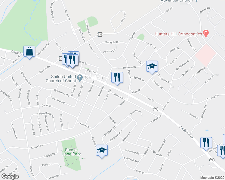 map of restaurants, bars, coffee shops, grocery stores, and more near 2072 Carlisle Road in York