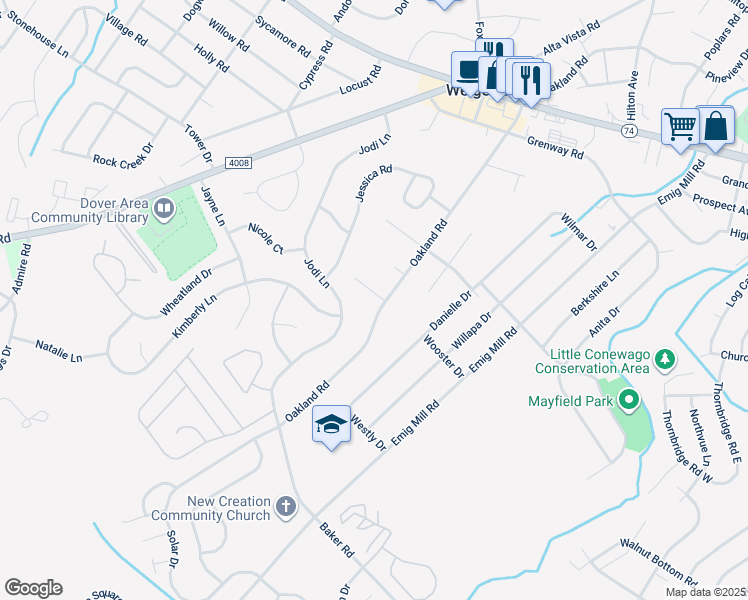 map of restaurants, bars, coffee shops, grocery stores, and more near 2743 Oakland Road in Dover