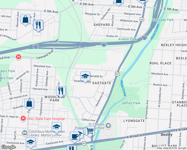 map of restaurants, bars, coffee shops, grocery stores, and more near 1971 Merryhill Drive in Columbus