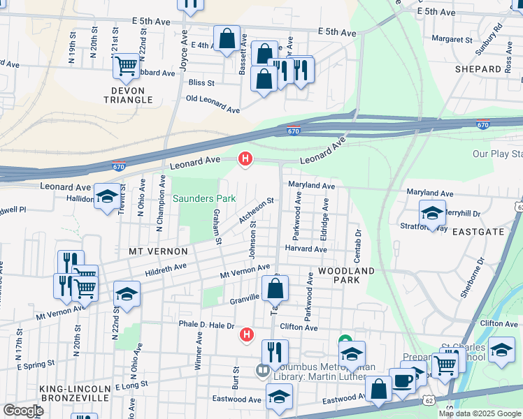 map of restaurants, bars, coffee shops, grocery stores, and more near 460 Hanley Street in Columbus