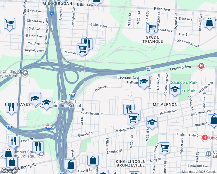 map of restaurants, bars, coffee shops, grocery stores, and more near 521 Sawyer Boulevard in Columbus