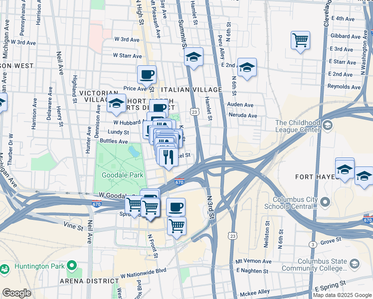 map of restaurants, bars, coffee shops, grocery stores, and more near 88 Brickel Street in Columbus