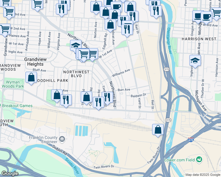 map of restaurants, bars, coffee shops, grocery stores, and more near 964 Burr Avenue in Grandview Heights
