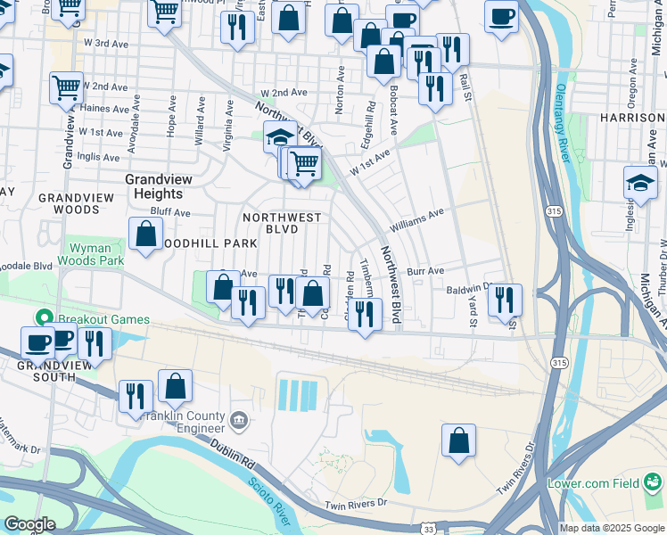 map of restaurants, bars, coffee shops, grocery stores, and more near 858 Copeland Road in Columbus