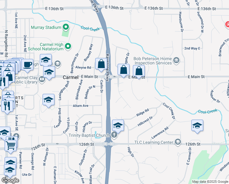 map of restaurants, bars, coffee shops, grocery stores, and more near 1014 Larkspur Circle in Carmel