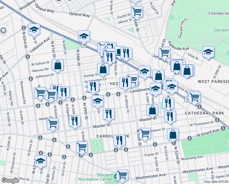 map of restaurants, bars, coffee shops, grocery stores, and more near in Philadelphia