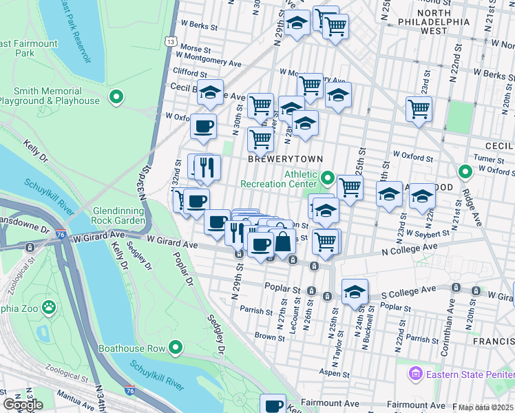 map of restaurants, bars, coffee shops, grocery stores, and more near 1324 North Dover Street in Philadelphia