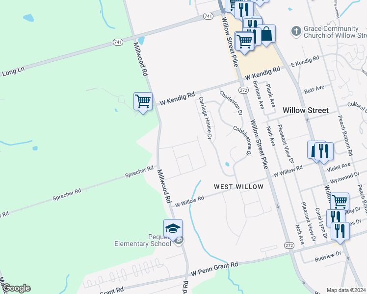 map of restaurants, bars, coffee shops, grocery stores, and more near 42 Howard Drive in Willow Street