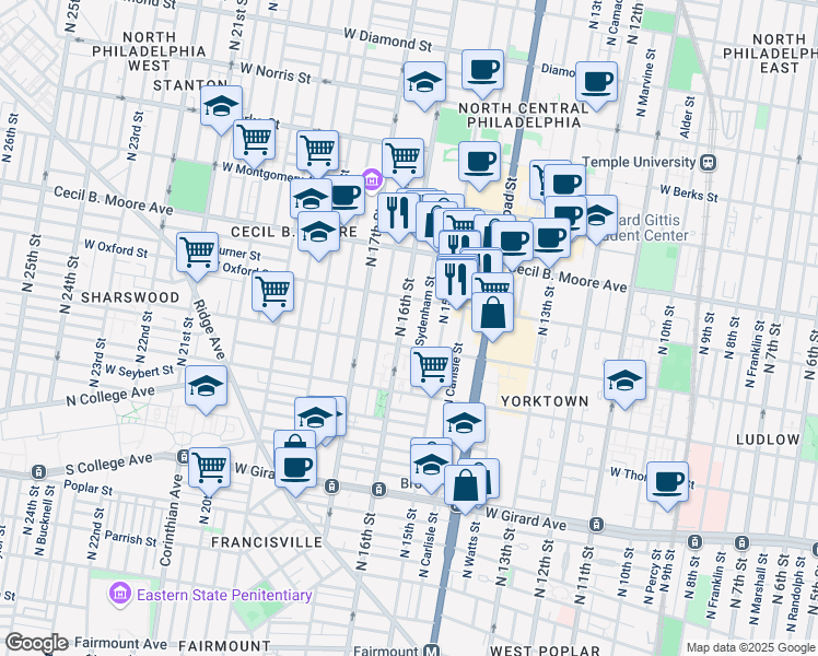 map of restaurants, bars, coffee shops, grocery stores, and more near 1515 North 16th Street in Philadelphia