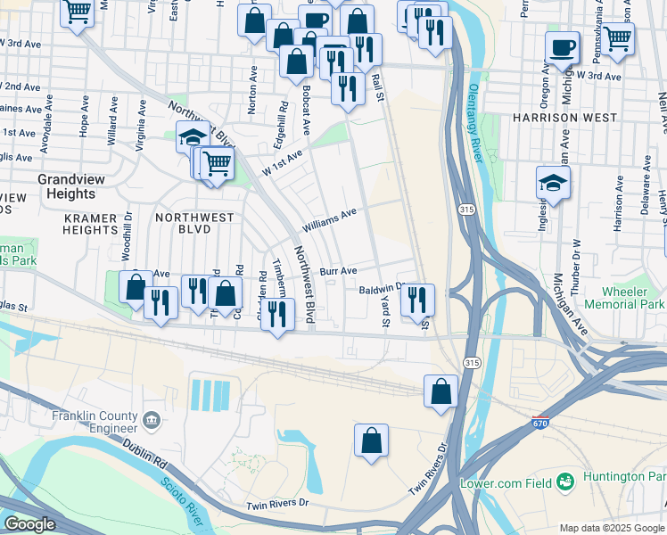 map of restaurants, bars, coffee shops, grocery stores, and more near 885 Burr Avenue in Grandview Heights