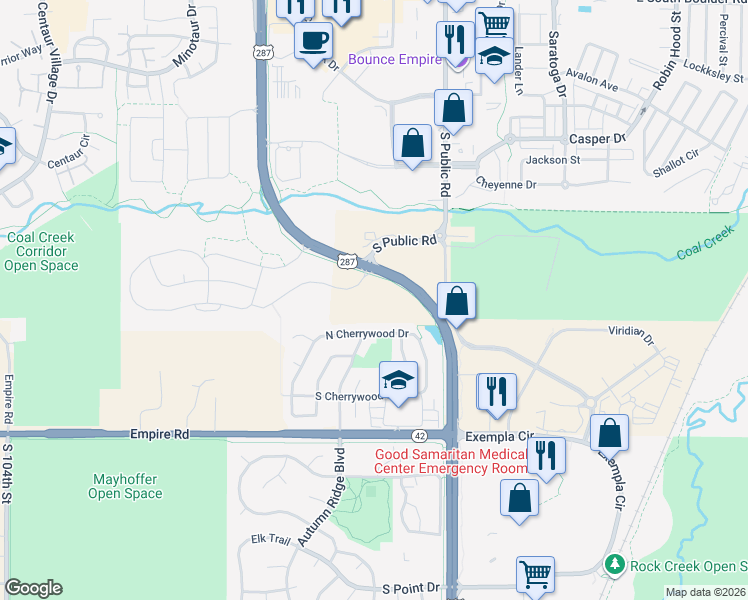 map of restaurants, bars, coffee shops, grocery stores, and more near 449 South 112th Street in Lafayette