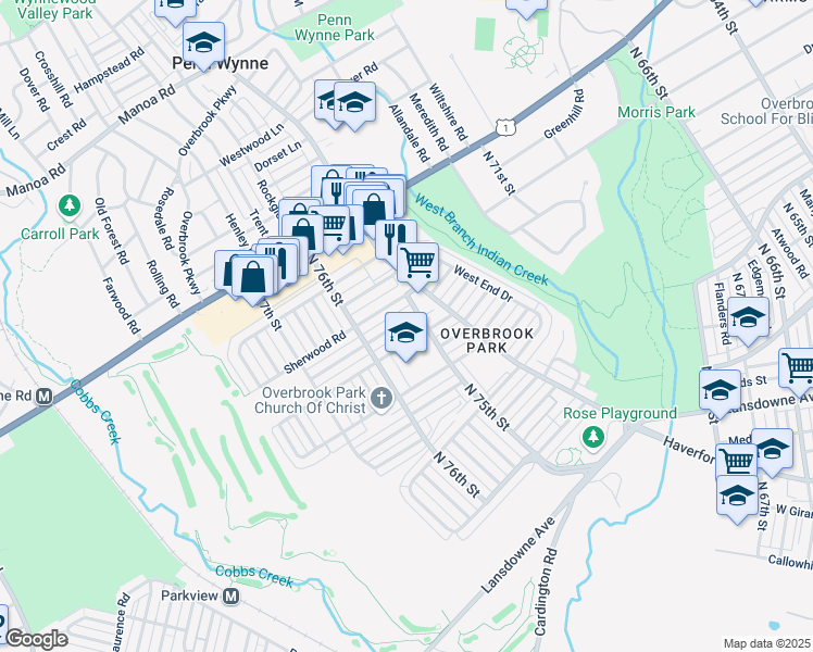 map of restaurants, bars, coffee shops, grocery stores, and more near 7524 Brentwood Road in Philadelphia