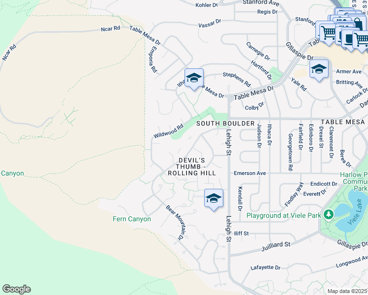 map of restaurants, bars, coffee shops, grocery stores, and more near 1385 Bear Mountain Drive in Boulder